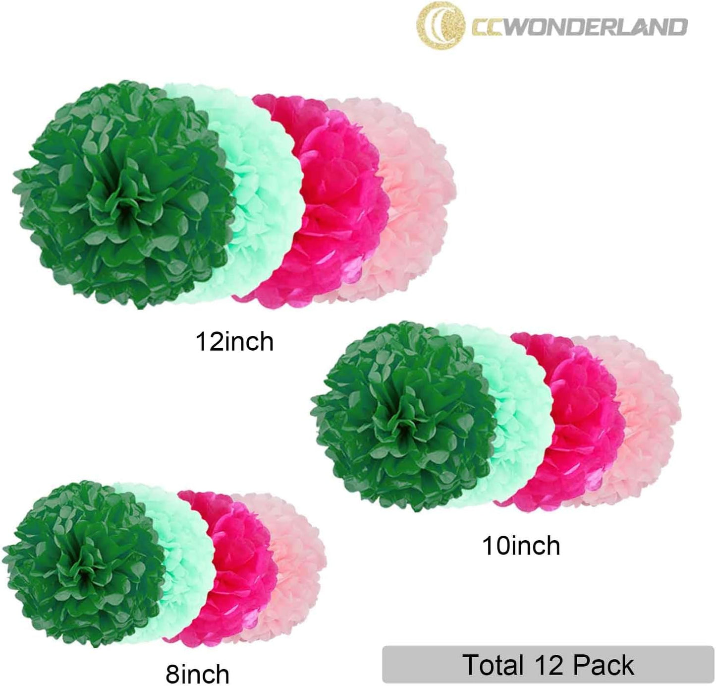 Green Pink Tissue Paper Pom Poms-12PC Tissue Paper Flowers-Wall Hanging Decorations for Bachelorette, Neutral,Bridal,Baby Shower,Hawaiian Birthday Decorations 8,10, 12in