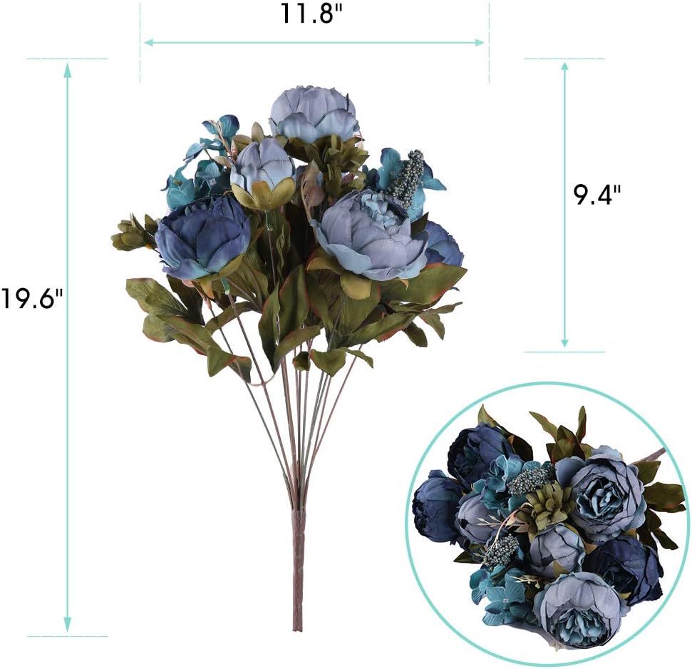 Kimura's Cabin Fake Peonies 2Bouquets Faux Silk Flower Vintage Artificial Peony Face Flowers Arrangement Bouquets for Home Table Centerpieces Wedding Party Decoration (Deep Lake Blue)