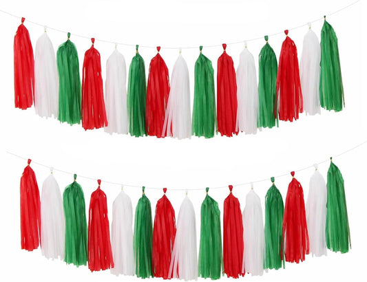 Red,Green and White Tassel Garland Banner Paper Tassels for Christmas Party Decorations,Pack of 15
