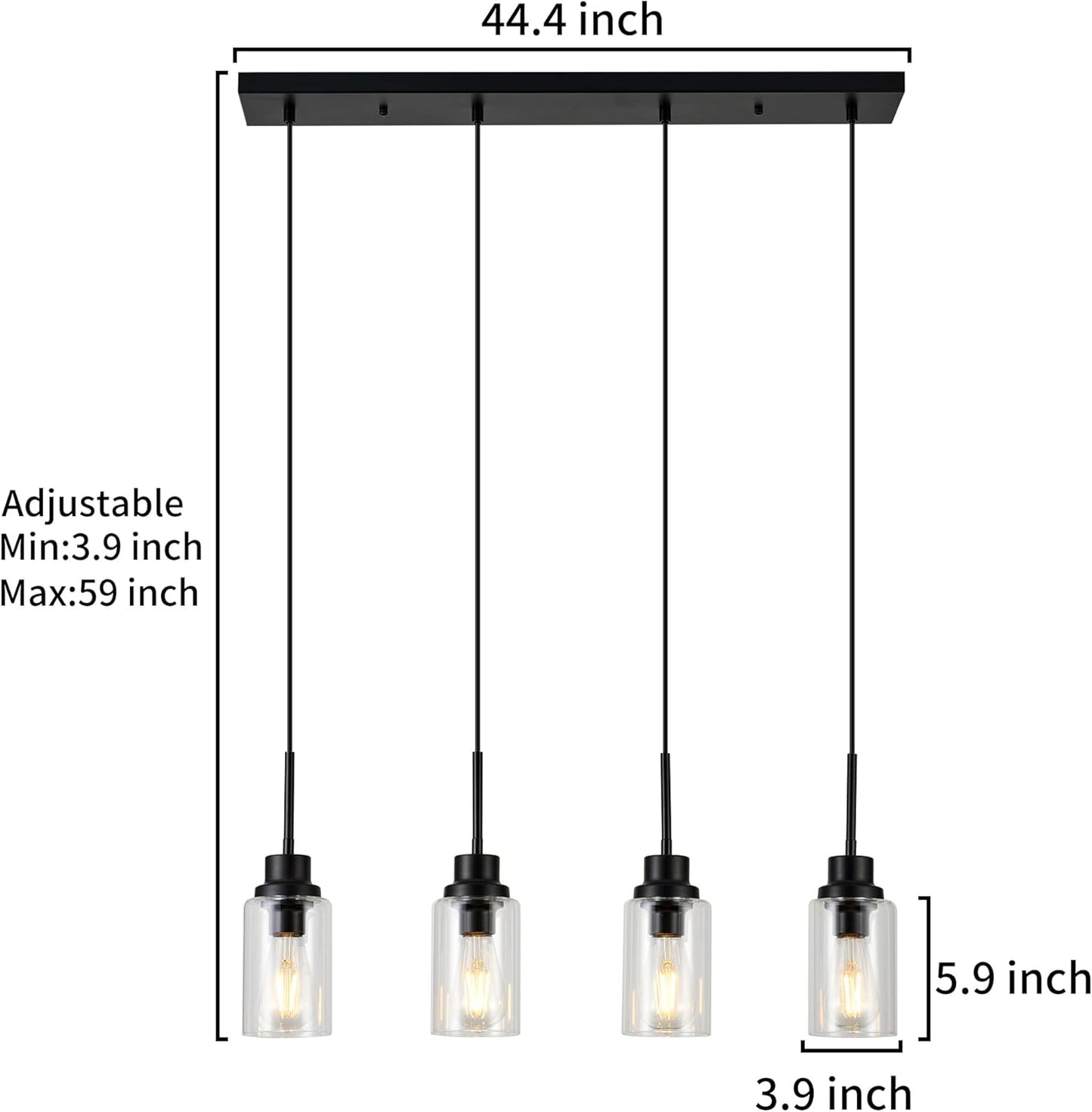4-Lights Pendant Lighting for Kitchen Island in Black, Ceiling Light Fixtures with Adjustable Hanging Wire & Clear Glass Shades