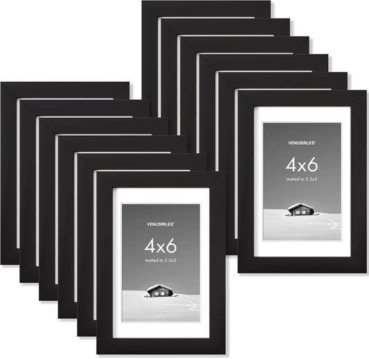 4x6 inch Picture Frame, 4x6 Photo Frames with 3.5x5 Removable Mat - High Definition Plexiglass - Vertical and Horizontal Display - Wall Hanging Frame - Black, 12 Pack