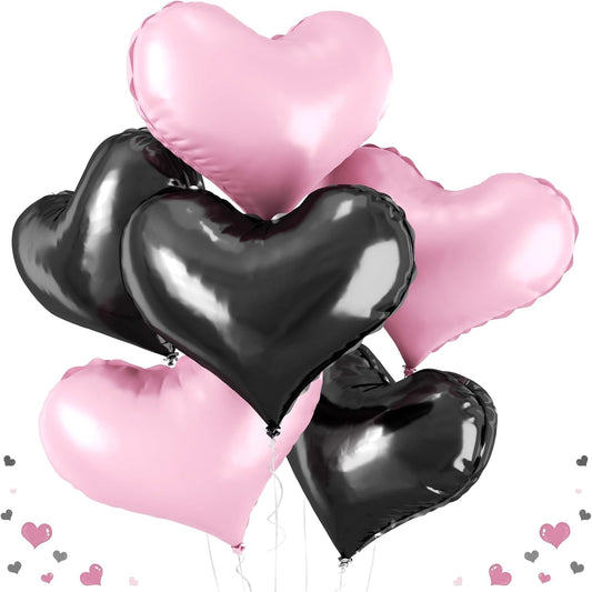 24 Inch Pink Black Heart Balloons, Pink and Black Heart Shaped Foil Balloons, Love Helium Balloon for Girls Women Valentines Day Bridal Shower Wedding Birthday Party Supplies