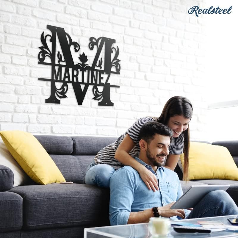 RealSteel Metal Split Letter Monogram - Personalized Metal Decor - Custom Last Name Sign - Monogram - Welcome Sign - Indoors or Outdoors (16", Gold)