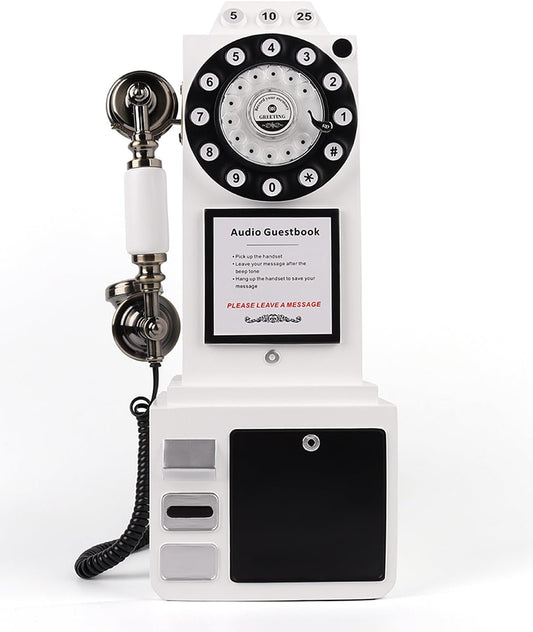 Audio Guest Book Wedding Phone with Vintage Design, Record Customized Audio Message Guest Book for Wedding, Party and Gathering, White