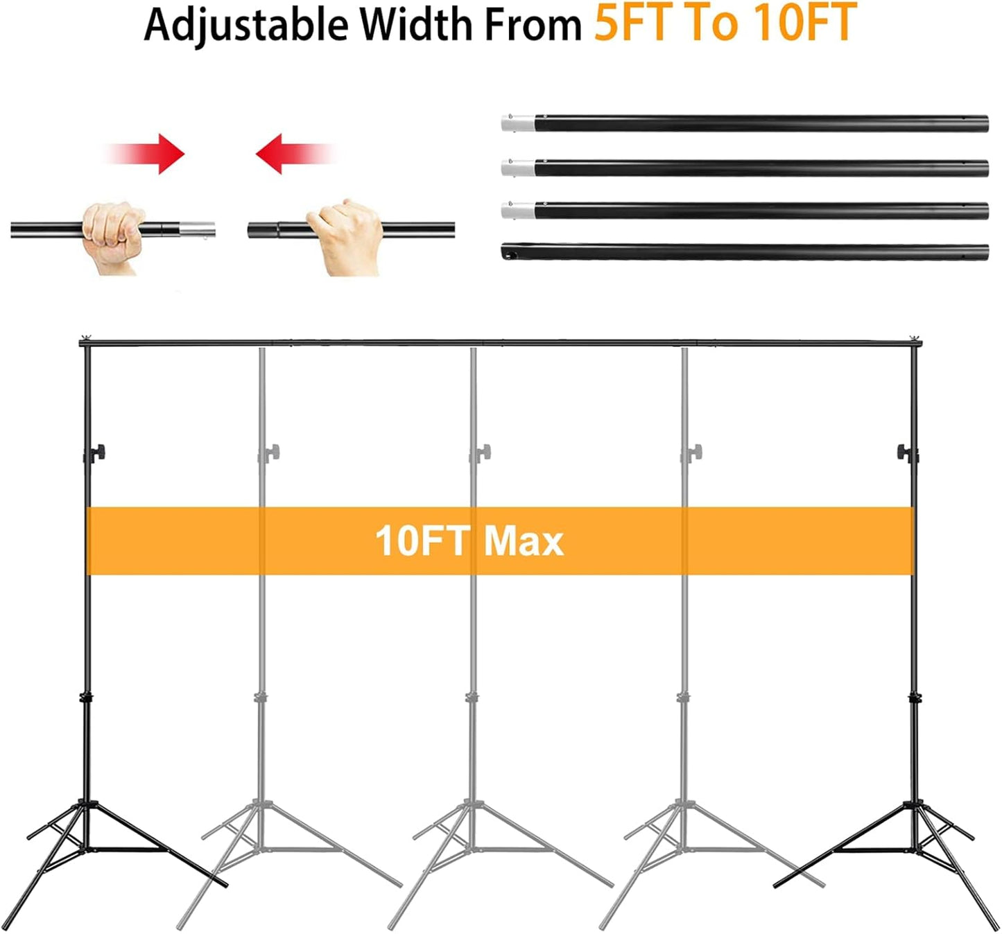 10ft Adjustable Backdrop Stand Kit, Heavy-Duty Photography Background Support System with Clamps & Carry Bag, Photo Video Studio Backdrop Stand for Parties, Weddings, Green Screen & Banner Display