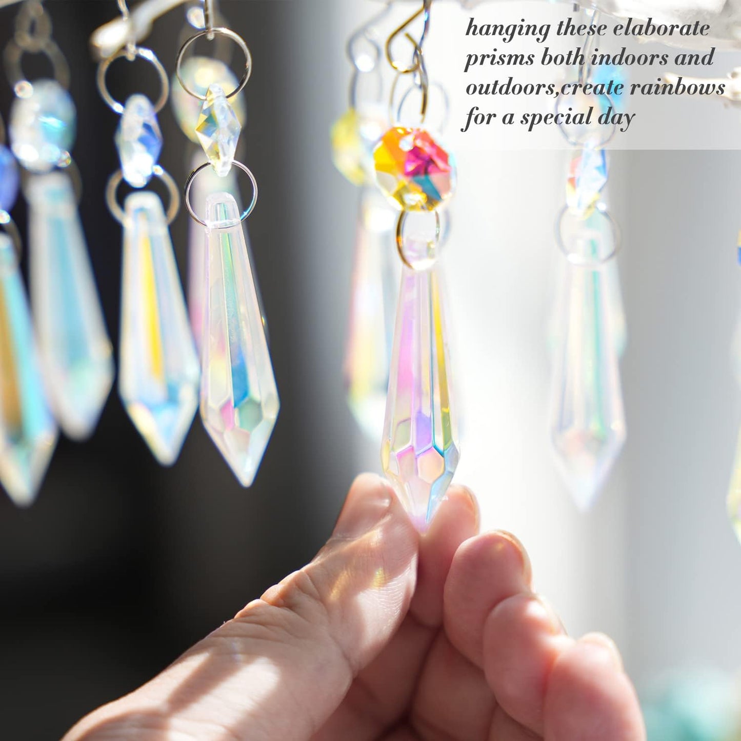 20PCS Chandelier Icicle Crystal Prisms Suncatcher,55mm Chandelier Crystals Replacement, AB Colors Crystals for Chandeliers with Hooks for Windows Wedding Lamp Decoration