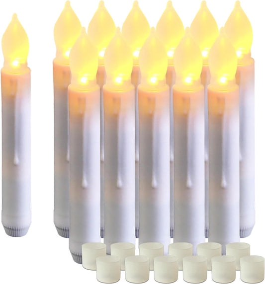 Amagic 12 Pcs Flameless LED Taper Candles, No Remote, Magical Hanging Floating Candles, Battery Operated Candlesticks, Electric Fake Candles Flickering 6.5" for Halloween Party Church Christmas Decor