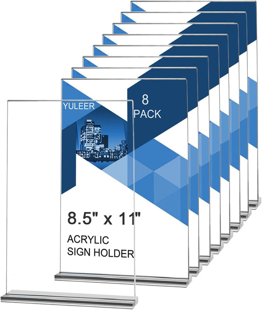 YULEER 8 Pack Acrylic Sign Holder 8.5x11, Clear Double-Sided Display Stand, Plastic Paper Frame for Menu, Flyer, Picture, Office Desk, Wedding Sign Holders
