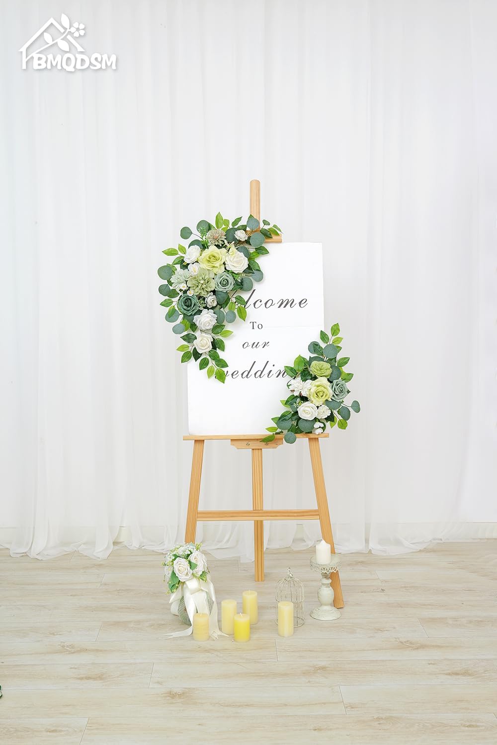 Pack of 2 Artificial Flowers for Backdrop Decoration, Wedding Arch Flowers,Reception Welcome Sign, Eucalyptus Garland, Suited to Aisle Decor and Wedding Arches（White Green）