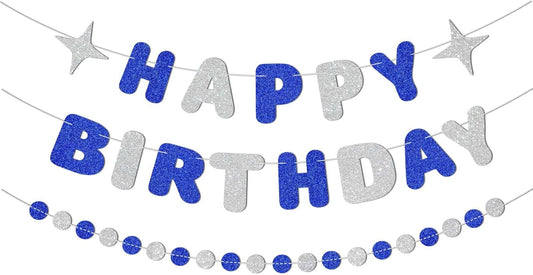 Royal Blue and Silver Happy Birthday Banner-Happy Birthday Decorations for Boys Men,Glitter Garland Sign for 6st 10st 13st 17st Blue Party Decor,Bday Backdrop Supplies