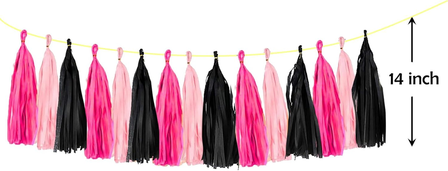 ZOOYOO Tassel Garland Tissue Paper Tassel Banner Table Decor, DIY Kits for Wedding,Halloween Party Decorations,Pack of 15 (Hot Pink Black)