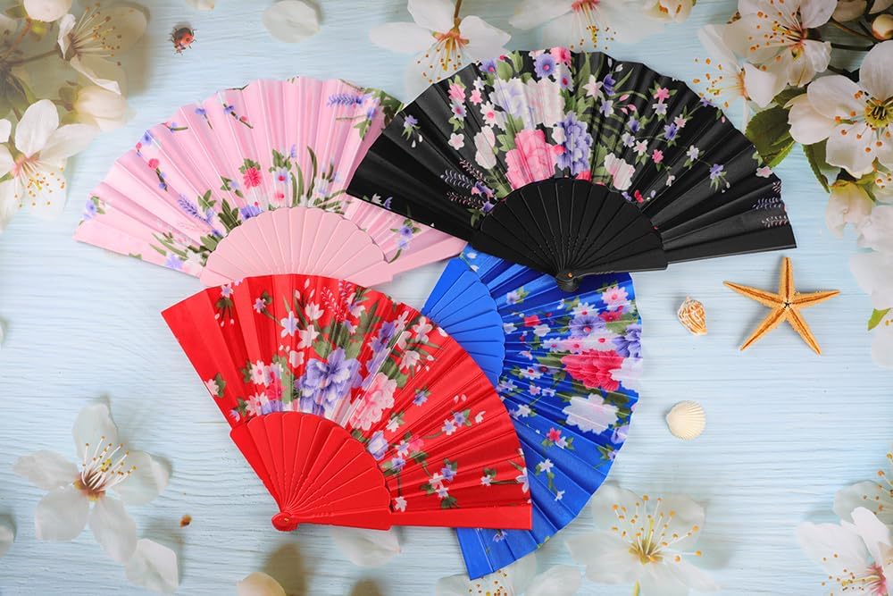 HUNANBANG 4 Pcs Oriental Flowers Japanese Folding Hand Fans Spanish Church Wedding Vintage Gift, Party Favors, DIY Decoration retro Gift Size 8 1/4" Wholesale (4pack)