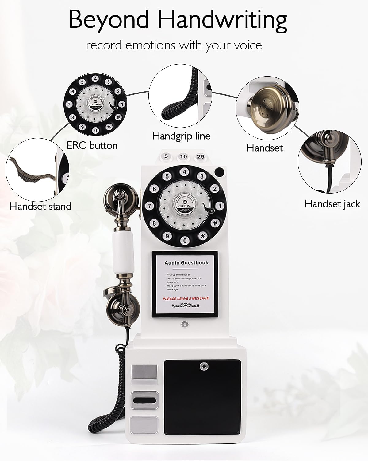 Audio Guest Book Wedding Phone with Vintage Design, Record Customized Audio Message Guest Book for Wedding, Party and Gathering, White