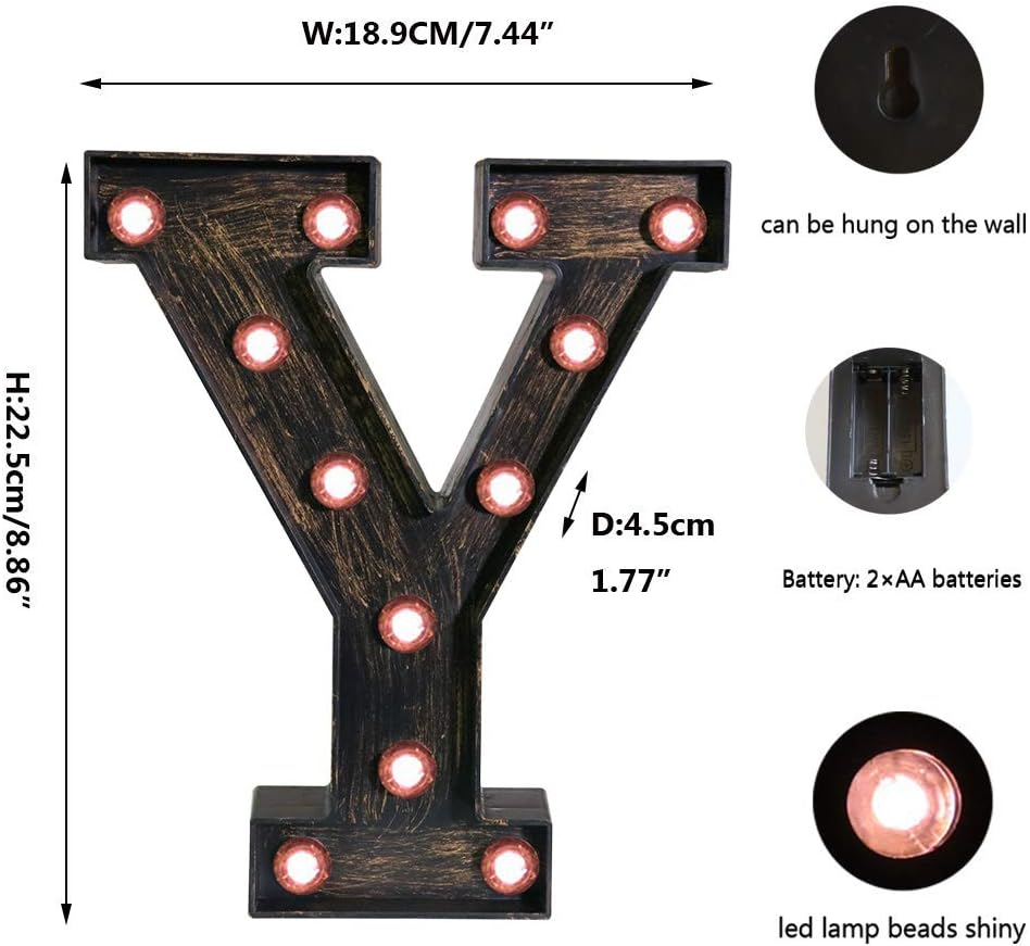 OYCBUZO Golden Black Led Marquee Letter - Industrial, Vintage Style Light Up Alphabet Letter Sign for Cafe Wedding Birthday Party Christmas Lamp Home Bar Initials Decor - Y