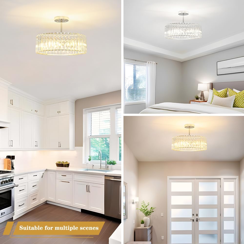 Modern Crystal Ceiling Light Fixture, Semi Flush Mount Ceiling Light, Chrome Hallway Lighting Fixtures Chandelier, Crystal Chandelier for Kitchen Bedroom Dining Room Closet, 5-Light, 16 Inch