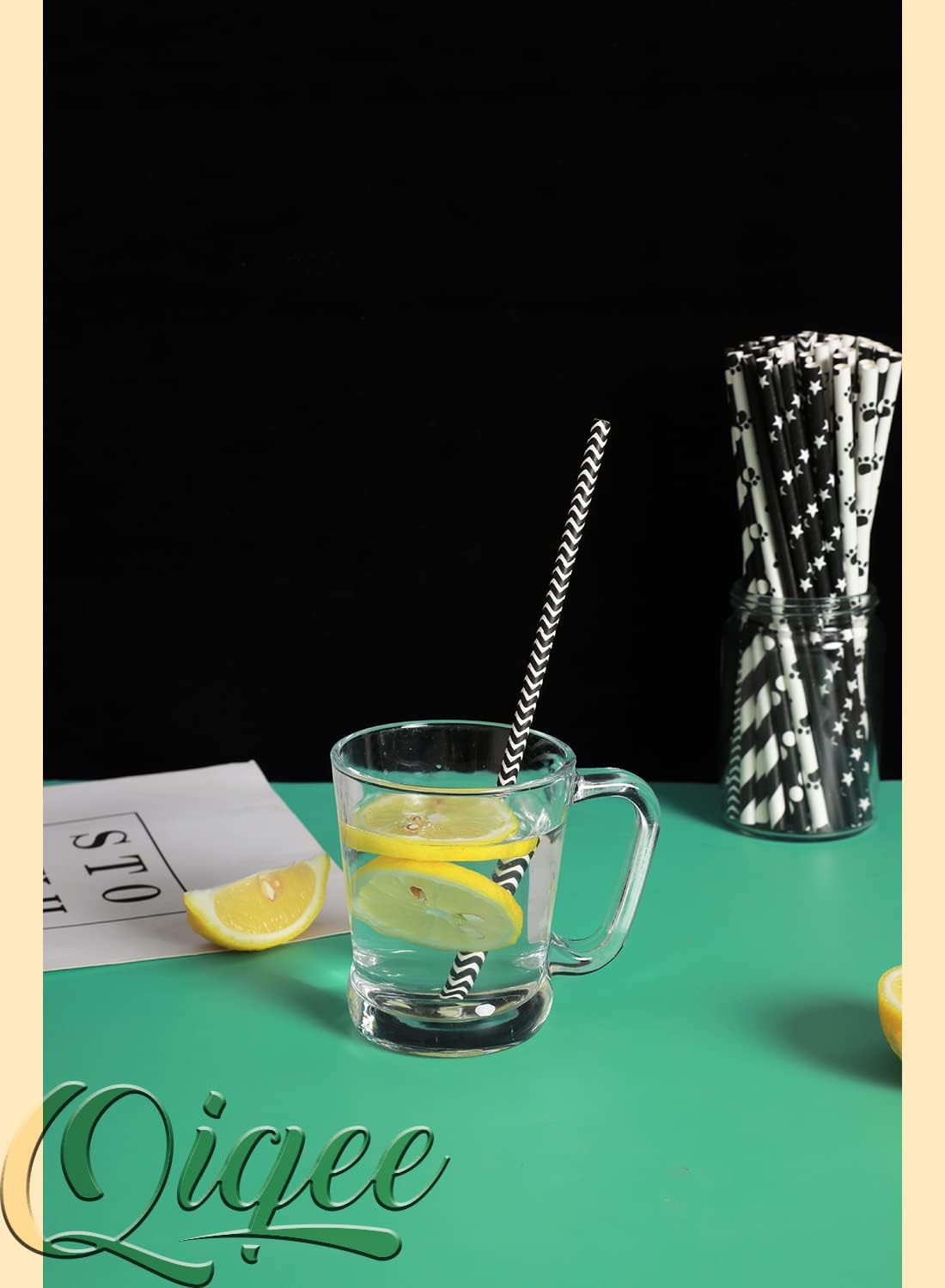 qiqee Black Paper Straws 150pcs Disposable Straws Bulk (10 Black Patterns, Biodegradable, Disposable, 7.75 x 0.25 inches)