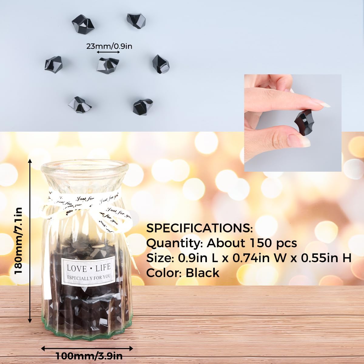 Babenest Acrylic Crushed Ice Rocks, 150 PCS Fake Crystals Plastic Ice Cubes Diamonds Gems for Vase Fillers, Home Decoration, Table Scatter, Event, Wedding, Halloween, Arts & Crafts (Black)