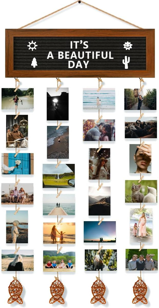 Hanging Photo Display Wall Decor, Picture Frames Collage Felt Letter Board with 270 Letters and 30 Clips, DIY Boho Dorm Room Decor for Wall, Mothers Day Party Birthday Gifts