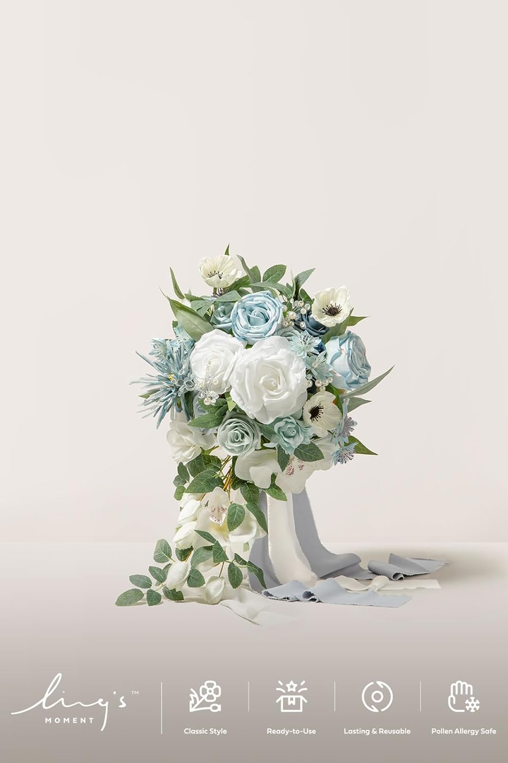 Ling's moment Dusty Blue Bridal Bouquet Cascading, Wedding Bouquets for Bride, 15 Inch Bride Bouquets for Wedding Artificial Flowers Bouquets