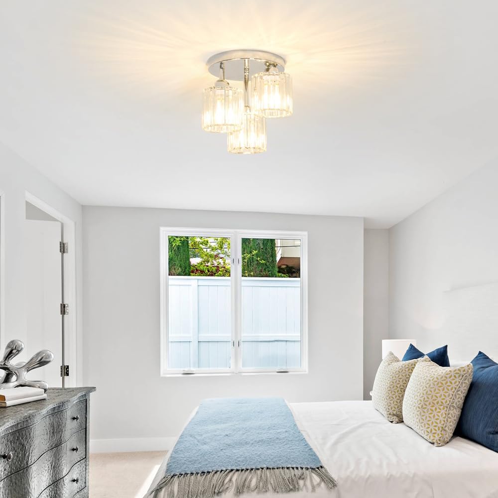 Crystal Ceiling Light Fixture, Chrome Semi Flush Mount Ceiling Light Fixture, 3-Light Hallway Lighting with Clear Crystal Shades for Kitchen Entryway Bedroom Bathroom Foyer, E26