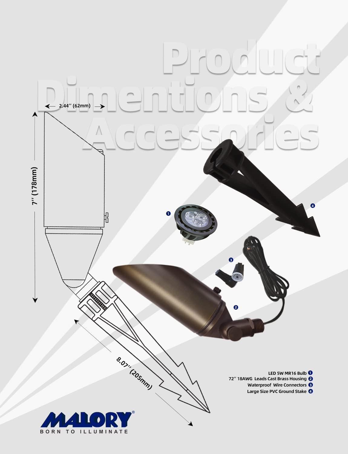 MALORY Brass Outdoor Spot Lights,12V AC/DC Low Voltage LED Landscape Lighting,Waterproof Spot Up Light for Garden,Patio and Yard (S03, 12-Pack with Bulb)