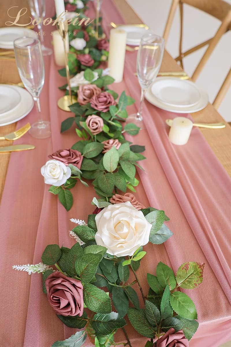 Lookein Artificial Rose Flower Garland Greenery Garland 5FT for Wedding Ceremony Backdrop Arch Flowers Table Centerpieces Decorations, Cream Plum