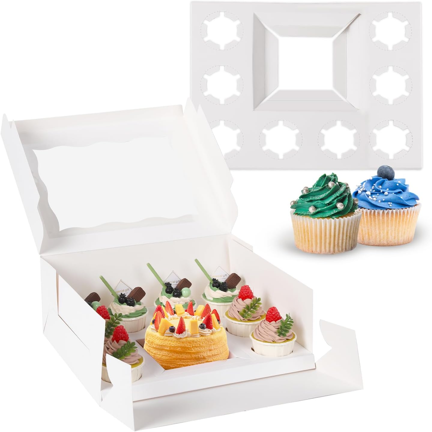 JCD 16 Pcs Cake and Cupcake Combo Bento Boxes with Clear Lid and 8 Cupcake Holes for Vanlentine Wedding Birthday Party Bakery Baking Supplies (1+8/16Pcs)