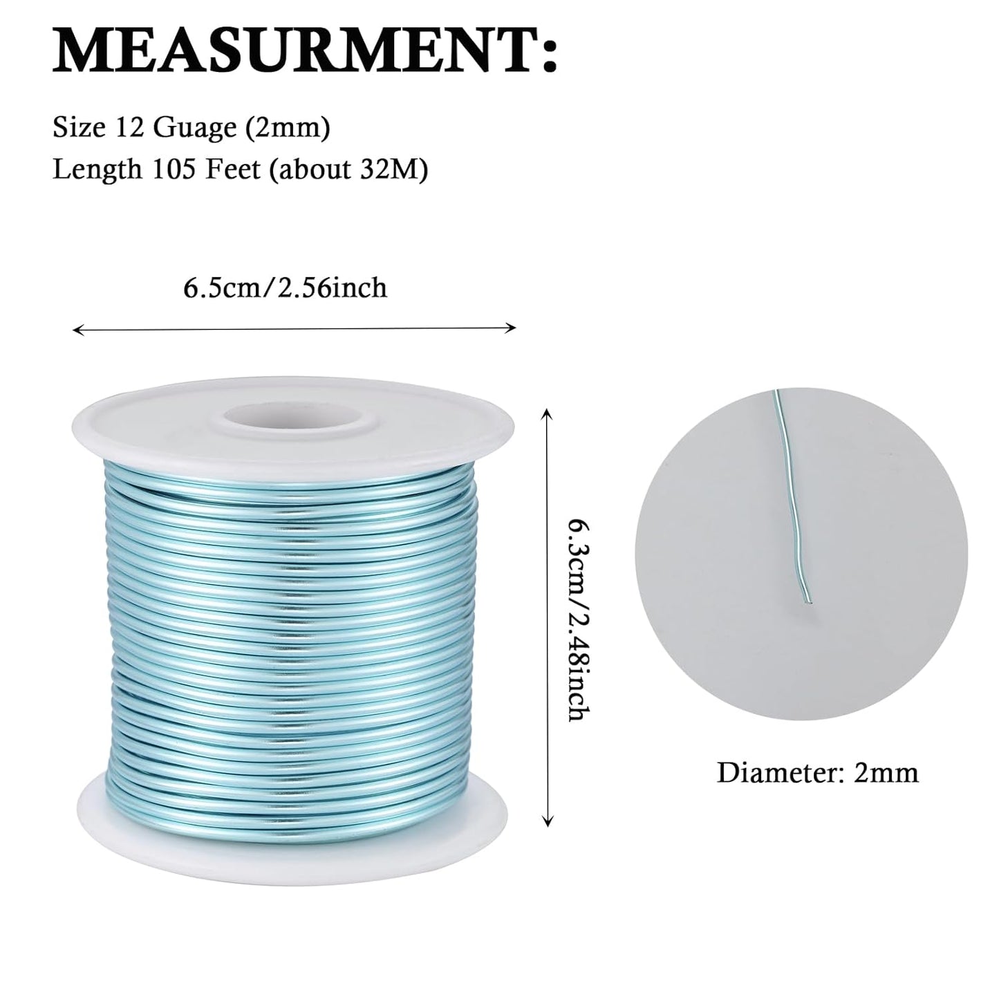 12 Gauge Ice Blue Aluminum Craft Wire (105FT) - Anodized for Jewelry Making, Beading Floral, Plant Gardening, Sculpting & Modeling Craft Wire (Ice Blue #24, 2mm)