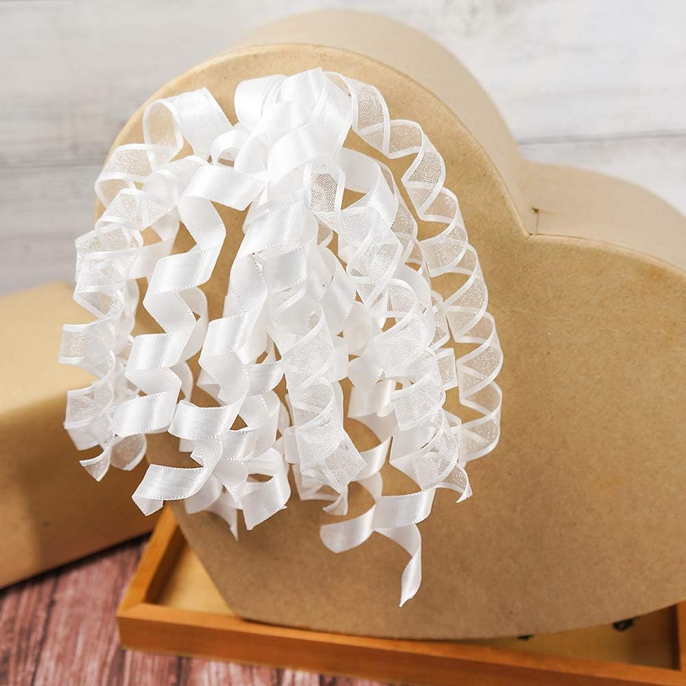 CT CRAFT LLC White Satin and Sheer Curly Ribbon Bow 6" Long x 6 Counts Gift Wrapping Pre-Tied Self-Adhesive Tab for Birthday Present Box Wine Bottle Baby Shower Party Christmas Hanukah