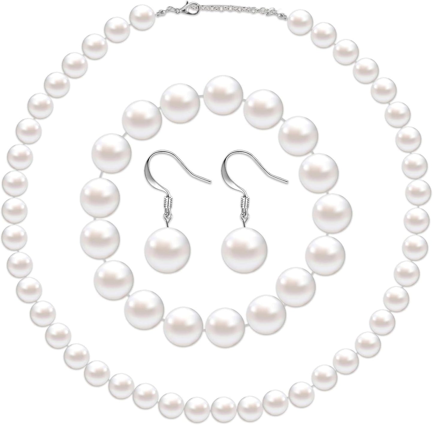 4 Pcs 1920s Faux Pearl Costume Jewelry Set for Women Halloween Simulated Necklace Bracelet Earrings for Wedding