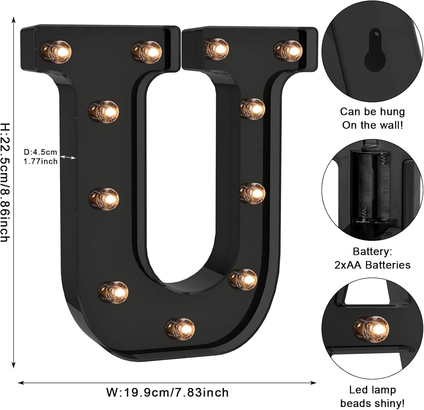 Foaky Black LED Letter Lights for Room Decor - Bedroom Wall Decor, Alphabet Lights for Home, Wedding, Party - Battery Operated （U）