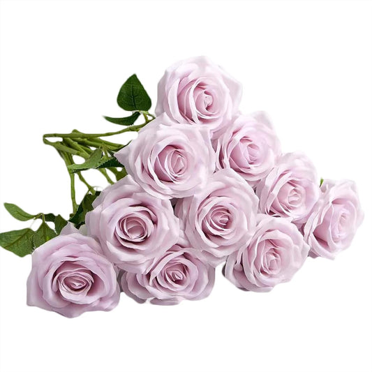 Artificial Rose 10pcs Open Flower Bouquet Faux Rose Stems for Wedding Arrangement, Bridal Bouquet, Centerpiece, Fake Faux Silk Flowers (Mauve Lavender)