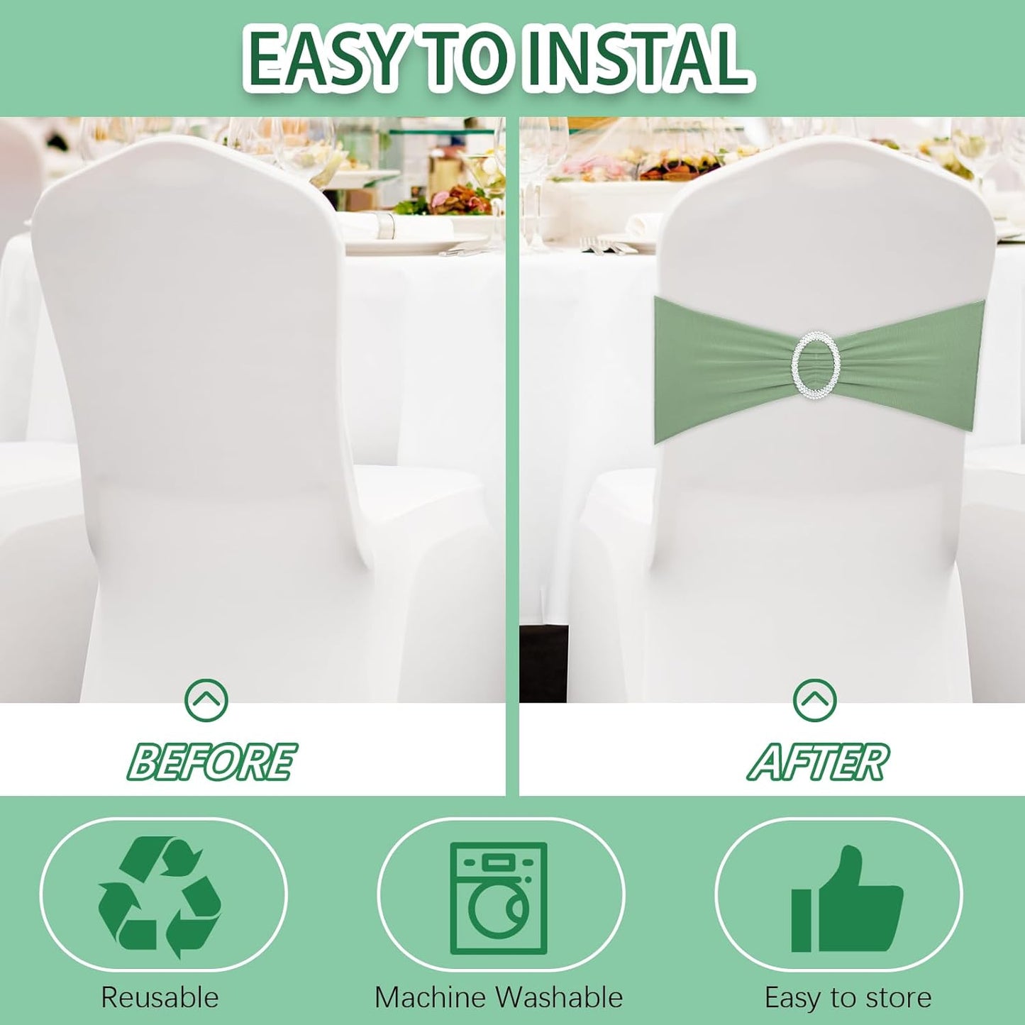 CHENGU 150 Pieces Spandex Stretch Chair Sashes Bows Elastic Chair Cover Bands Ties with Buckle Slider for Wedding Party Reception Events Universal Ceremony Banquet Decorations(Sage Green)