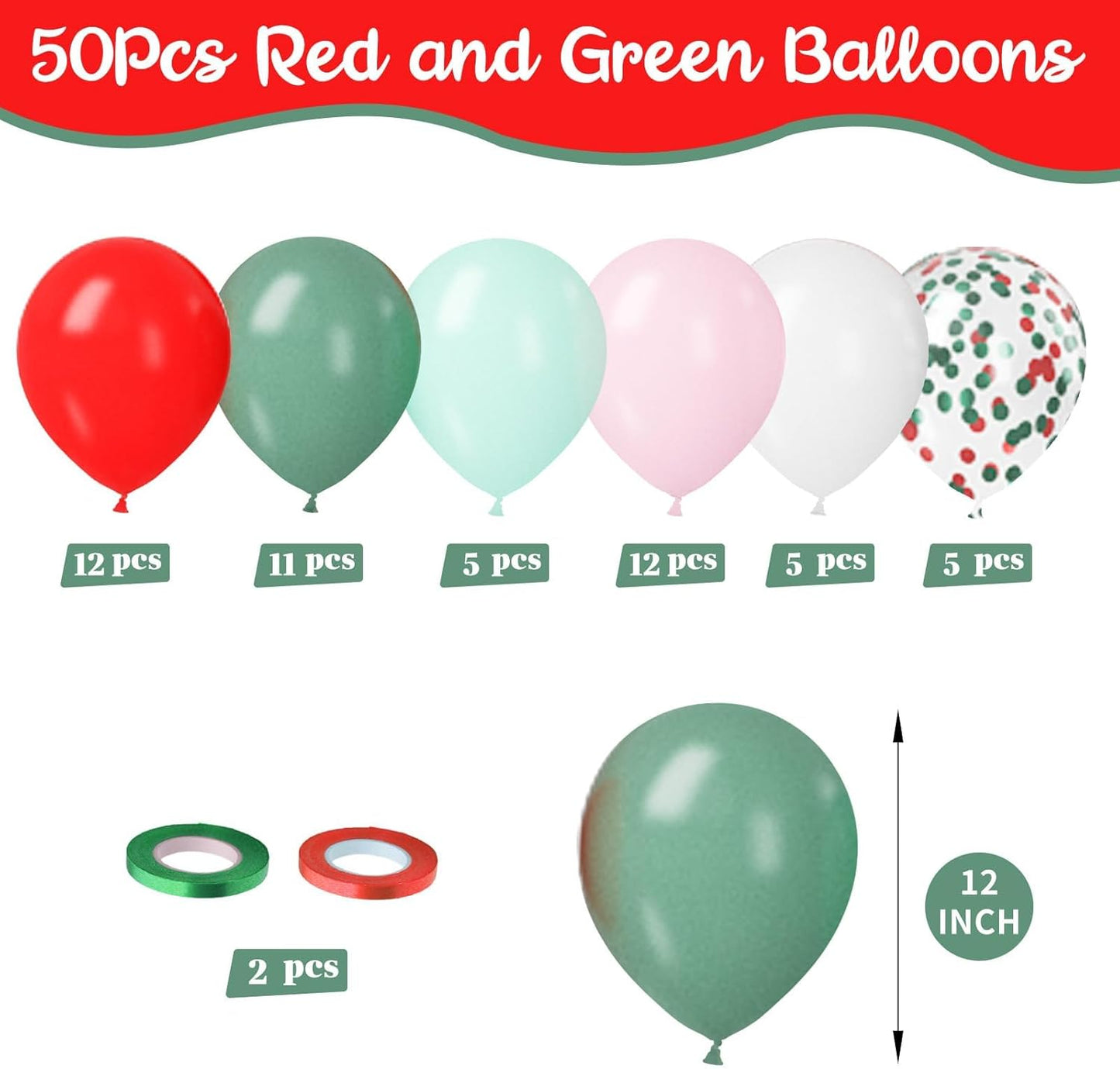 Paready Christmas Balloons, 50Pcs 12 Inch Red, Green, White, Pastel Pink Retro Bean Confetti Balloons for Birthday, Baby Shower, New Year, Christmas Party Supplies