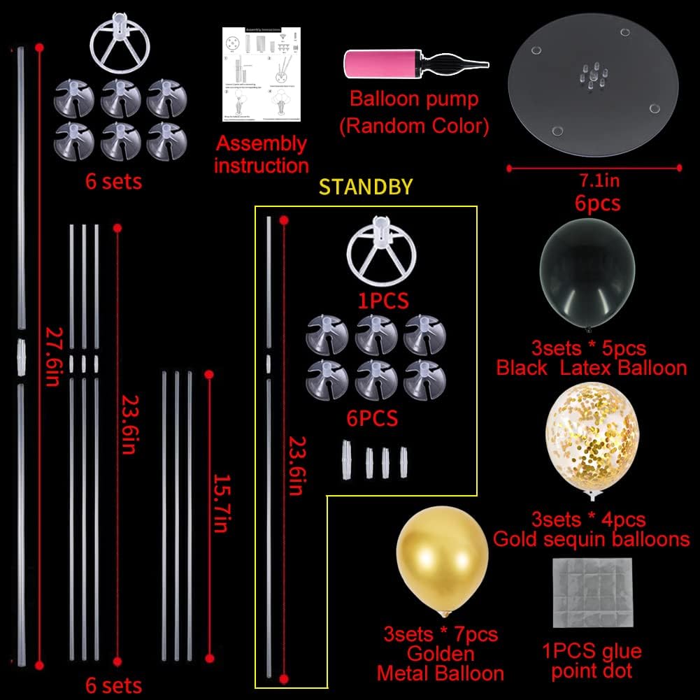 TONIFUL 6 Set Balloon Centerpieces for Table Black Gold Confetti Balloon Stand Kit for 2025 Graduation Party Decoration Birthday Anniversary Halloween 2025 Party Decorations