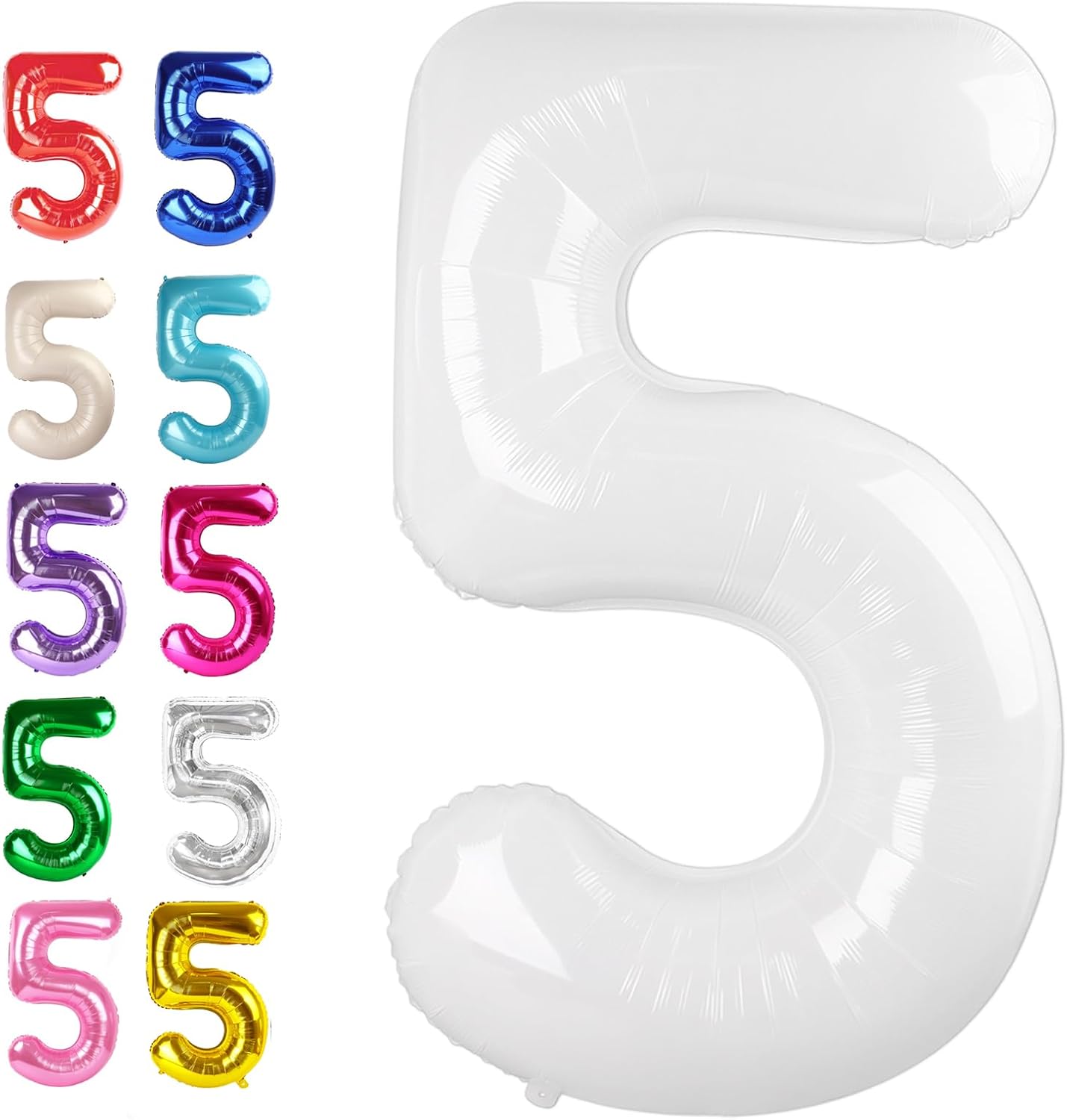 Large White 40 Inch Birthday Number 5 Balloon, White Five 5th 15 25 35 50 55 Birthday Anniversary Celebration Decorations, Foil Mylar Helium Numbers 5 Balloons Girl Boy Party Supplies
