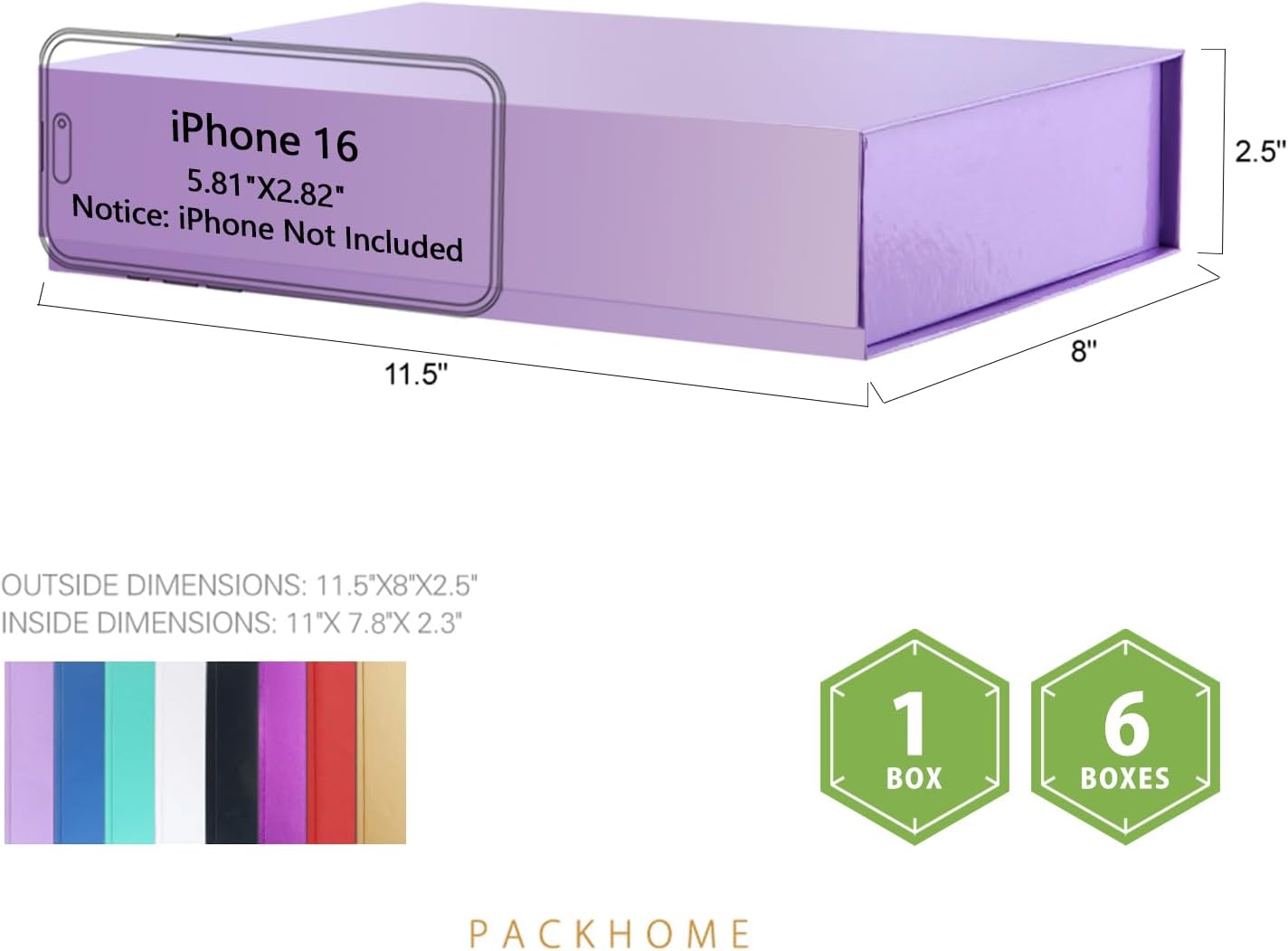PACKHOME 6 Gift Boxes 11.5x8x2.5 Inches, Sturdy Shirt Boxes with Magnetic Lids for Multiple Occasions (Glossy Purple)