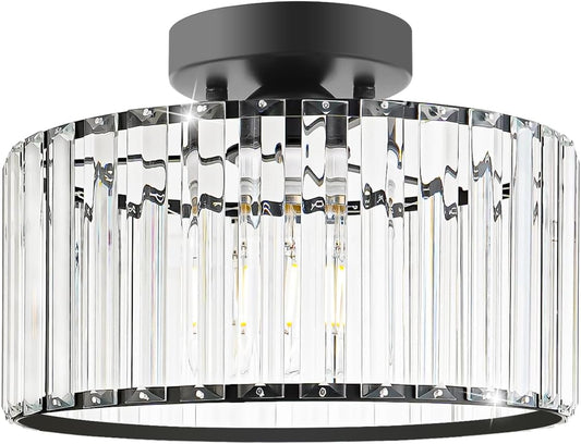 Crystal Ceiling Light Fixture, Modern Semi Flush Mount Ceiling Light, Black Close To Ceiling Light Fixtures, Crystal Chandelier Entryway Light, 11in Chandelier for Bedroom Porch Kitchen Living Room