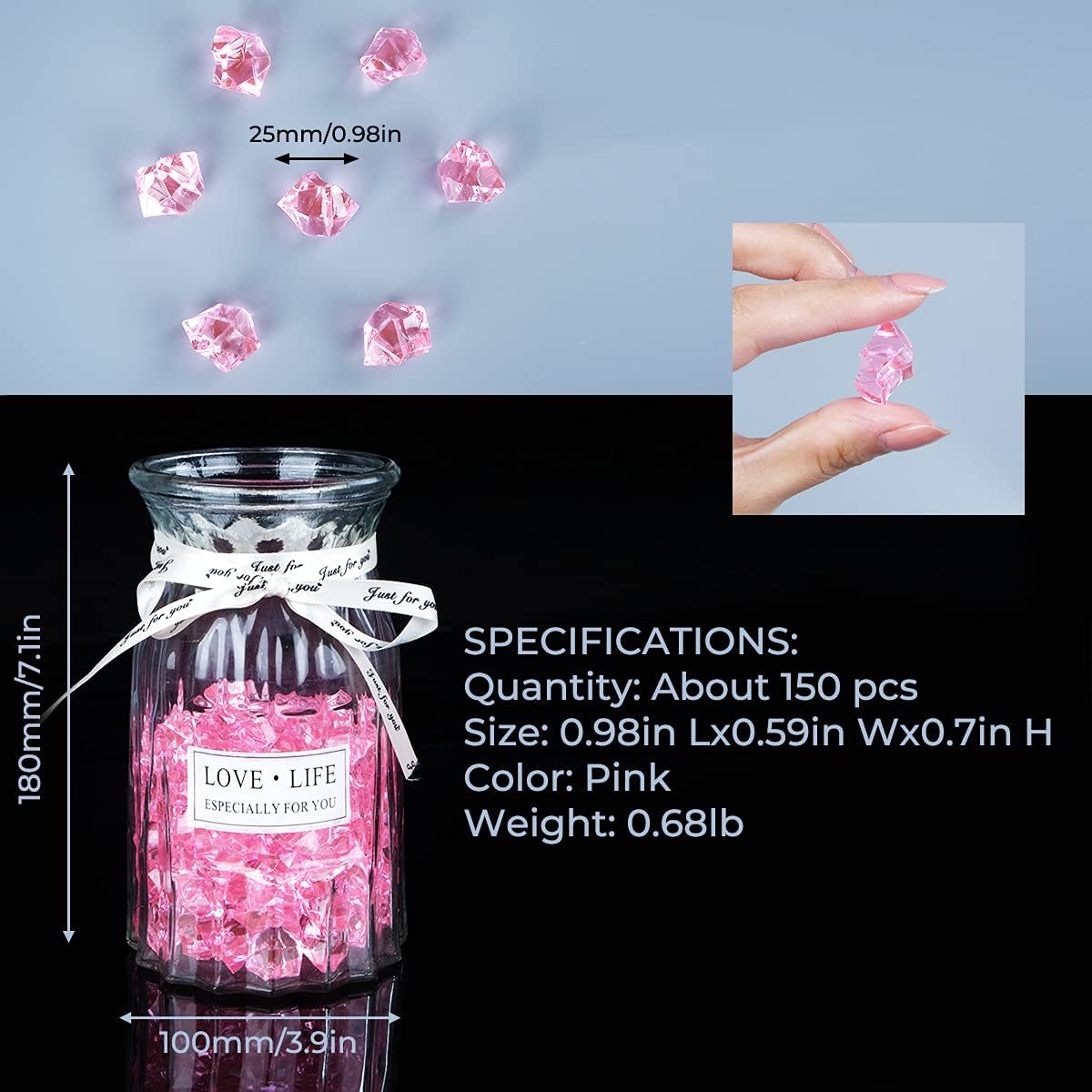 Babenest Acrylic Crushed Ice Rocks, 150 PCS Fake Crystals Plastic Ice Cubes Diamonds Gems for Vase Fillers, Home Decoration, Table Scatter, Event, Wedding, Arts & Crafts (Pink)