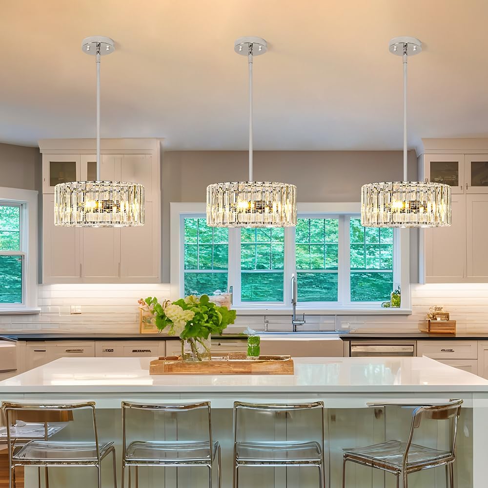 Modern Crystal Chandelier for Dining Room, Chrome Semi Flush Mount Ceiling Light Fixtures, Round Kitchen Hanging Drum Pendant Lights Ceiling, 12” Crystal Pendant Lighting for Foyer Bedroom Living Room
