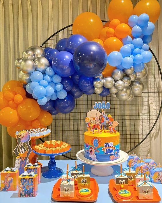 Blue and Orange Balloons, 50 Pcs 12 Inch Orange Royal Blue Metallic Silver Balloons with Ribbons for Birthday Party Wedding Baby Shower Graduate Decorations