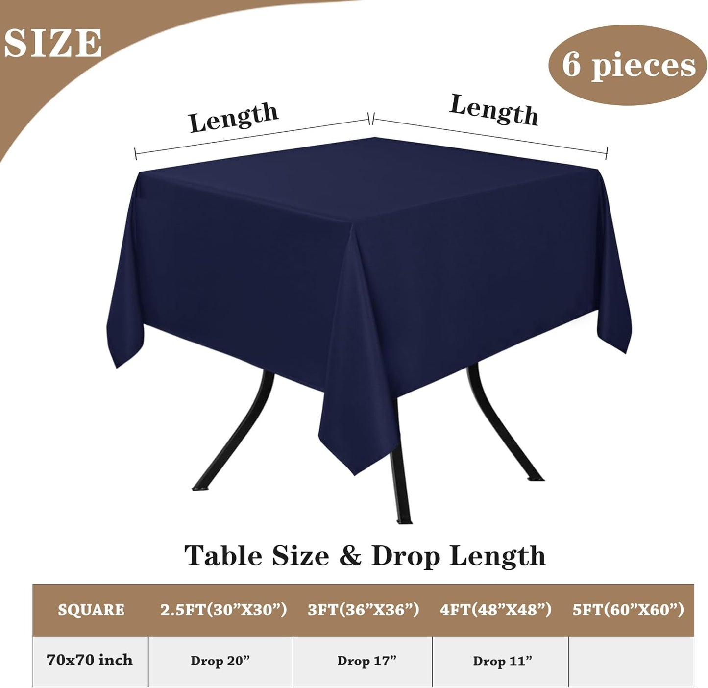 Fitable 6 Pack Square Tablecloths - 70 x 70 Inches - Stain Resistant and Reusable Table Clothes, Navy Polyester Fabric Table Covers for Dining, Card Tables, Coffee Tables