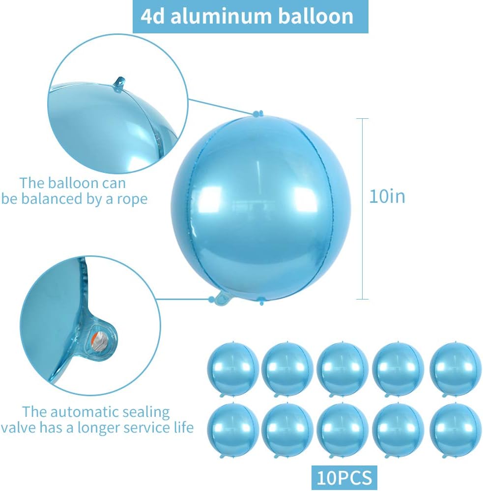 10 pcs Light Blue 4D balloon, 10 inch Foil Mylar Sphere Balloon for Birthday Party,Wedding,Valentine's Day, Christmas,Baby Shower Decoration Supplies