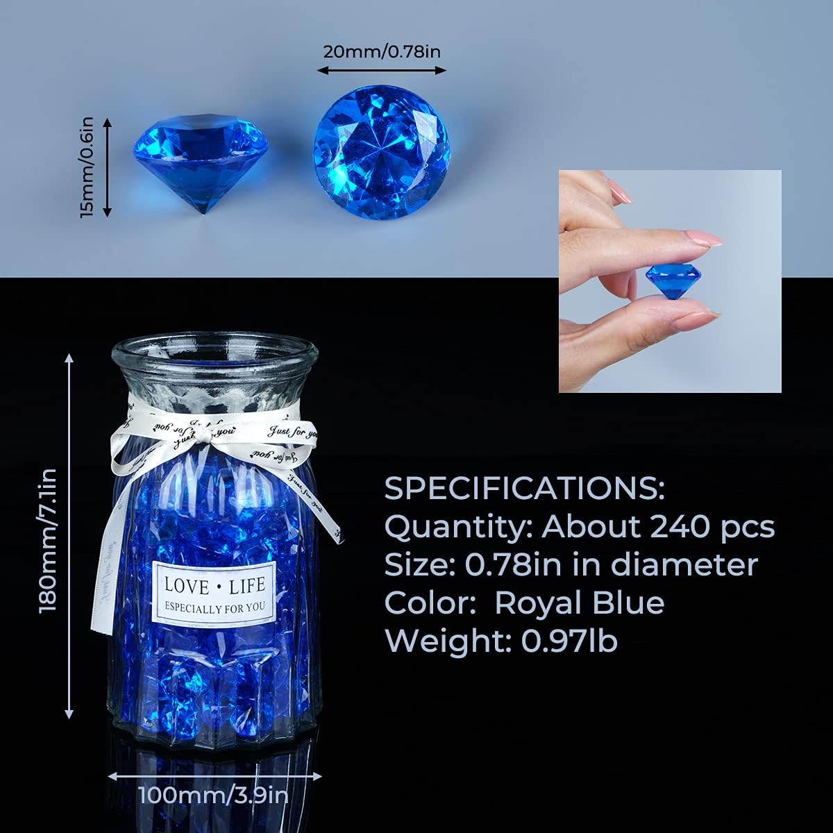 Acrylic Diamond Fake Gems Vase Filler, Babenest 240pcs 3/4 Inch Faux Diamonds Crystals Jewels for Table Scatters Wedding Party Event Arts & Crafts Birthday Decoration Favor (Royal Blue)