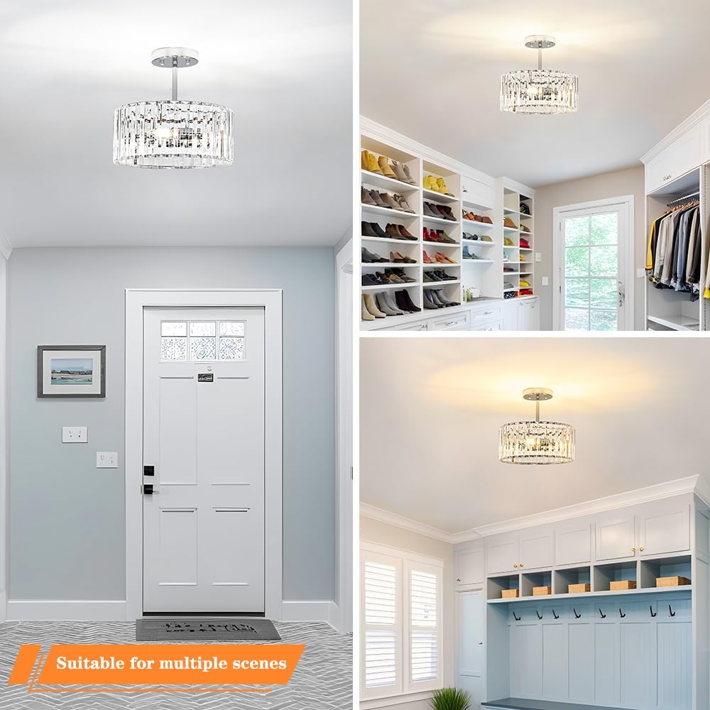 Modern Crystal Ceiling Light, Chrome Semi Flush Mount Ceiling Lighting Fixture, Hallway Light Fixtures Chandelier for Kitchen, Bedroom Dining Room Hallway Closet, 3-Light, 12 Inch