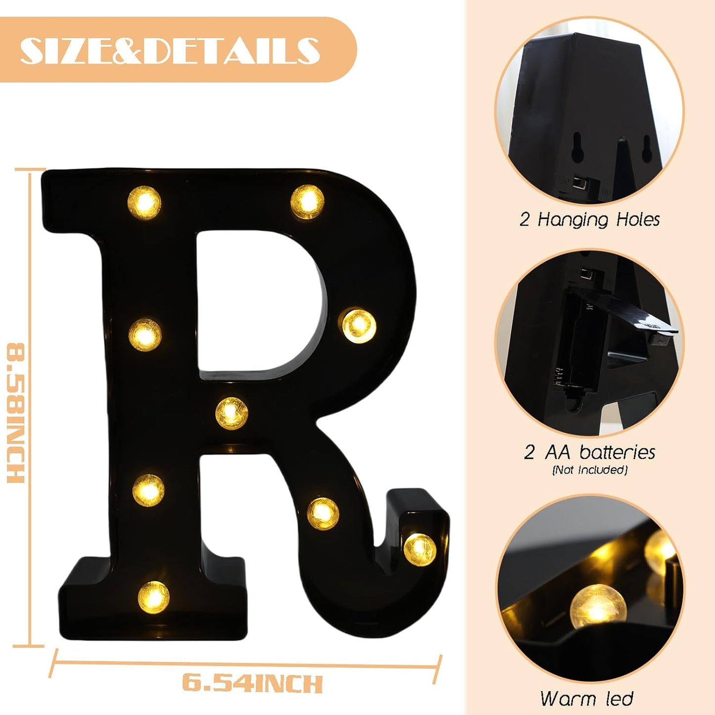 Led Marquee Letters, 8.58 Inch Black Light Up Letters, Small Led Letter Lights, Battery Powered Lighted Letterfor Table, Party, Birthday, Christmas Decor (Black, Letter R)