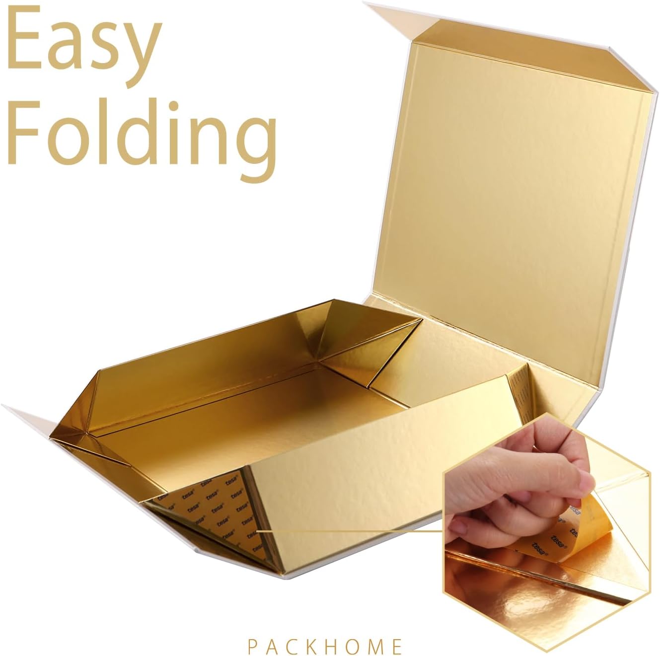 PACKHOME Christmas Gift Box 13x9.7x3.4 Inches, Large Gift Box with Lid, Sturdy Shirt Box with Magnetic Lid for Wrapping Gifts (Gold Snowflake Pattern)