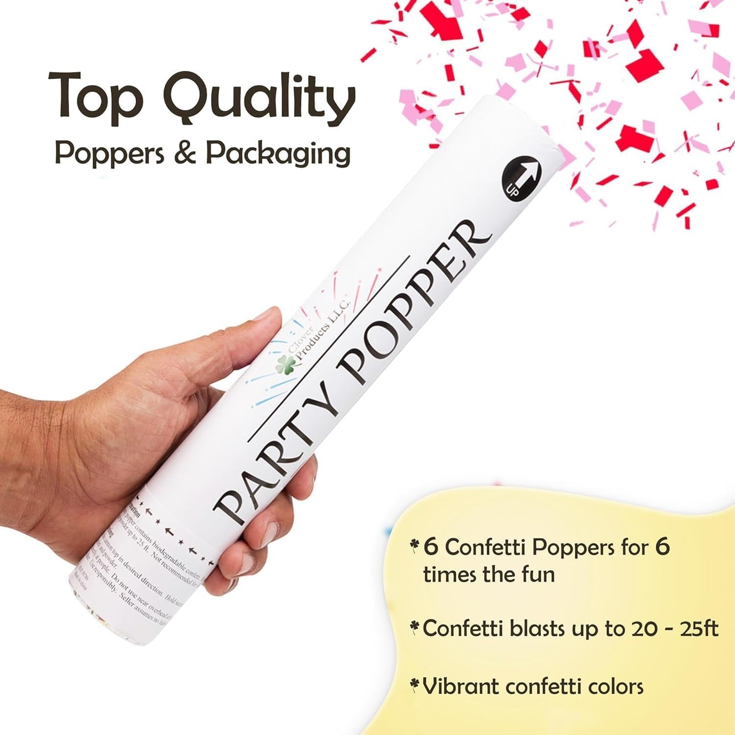 Clover Products 12" Biodegradable Confetti Cannons | 6 Pack | Red & Pink Poppers for Weddings, Birthdays & Events | Air-Powered, Safe & Easy to Use | Shoots 25 Feet for Indoor & Outdoor Celebrations