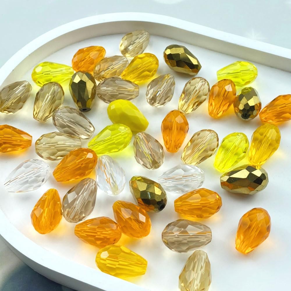 40pcs 10x15mm Teardrop Crystal Glass Beads Vertical Hole Faceted Loose Spacer Beads for DIY Craft Jewelry Making Necklace Bracelet Earring Wind Chimes(Yellow Series)