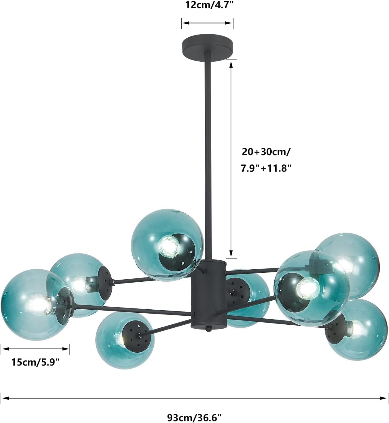 KCO Lighting Modern 8-Lights Blue Glass Sputnik Chandelier Mid-Century Matte Black Globe Flush Mount Chandelier Industrial Large Glass Ball Sputnik Chandelier Pendant Lamp (Black+Blue)